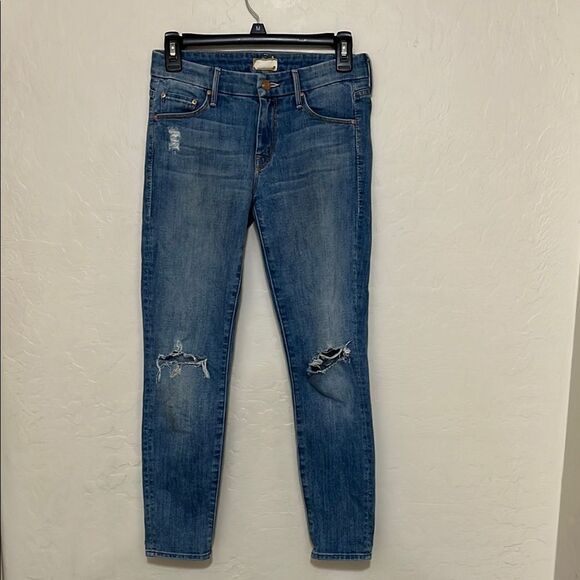 Mother The Looker Crop Blue Distressed Ripped Jeans Whole Lotta Trouble - Picture 1 of 13